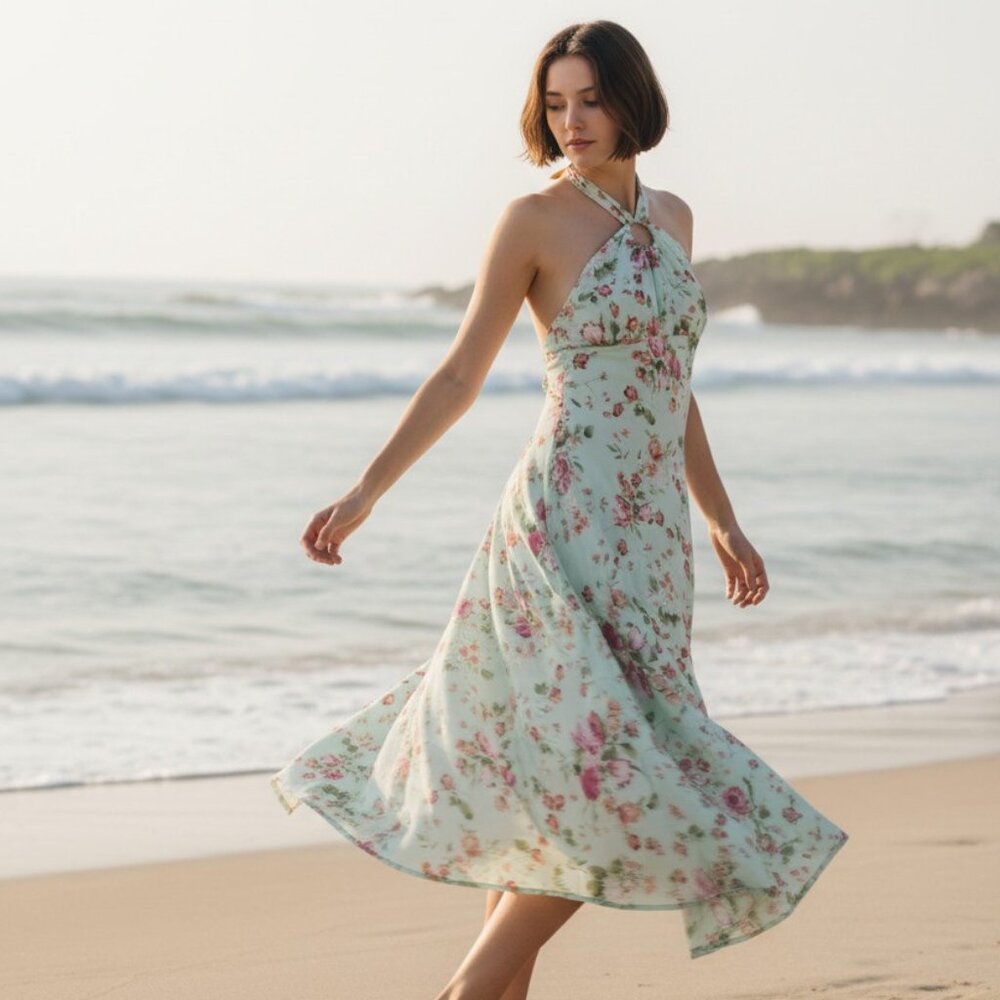 B Moss, Size 4, Dress Turquoise Y2K Fairycore Whimsical Vintage Halter Neckline